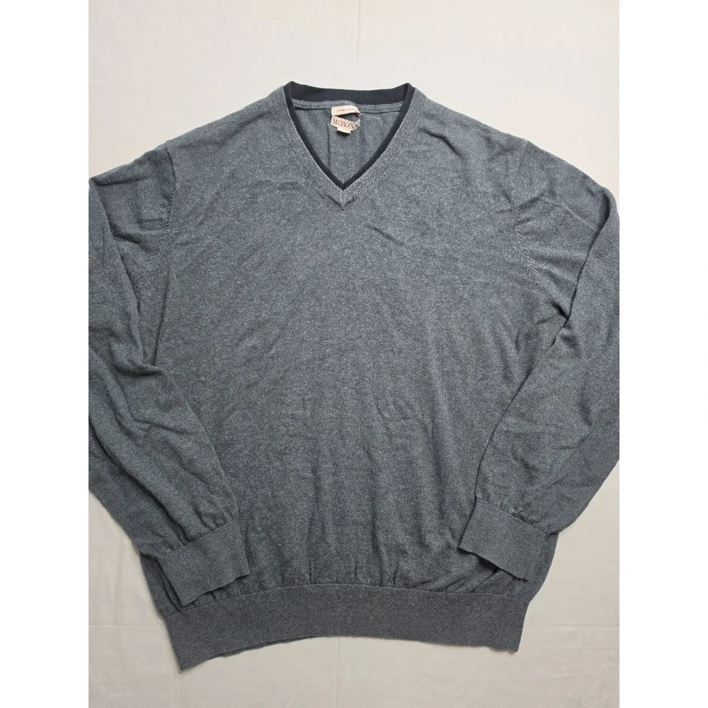 Merona Sweater Men's 2XL Gray Cotton Tight Knit V-Neck Long Sleeve Warm Wear